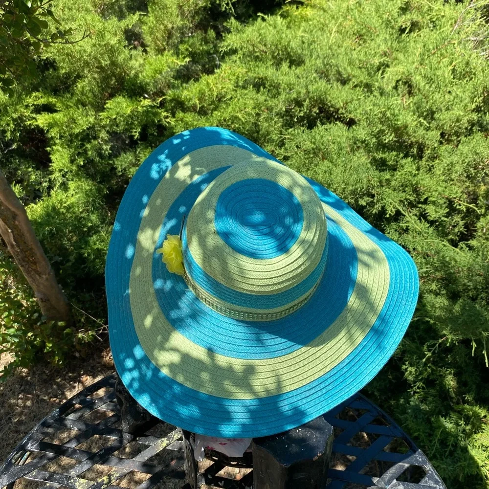 Fair Weather Blue and Green Striped Wide-Brim  Sun Hat - Picture 9 of 9